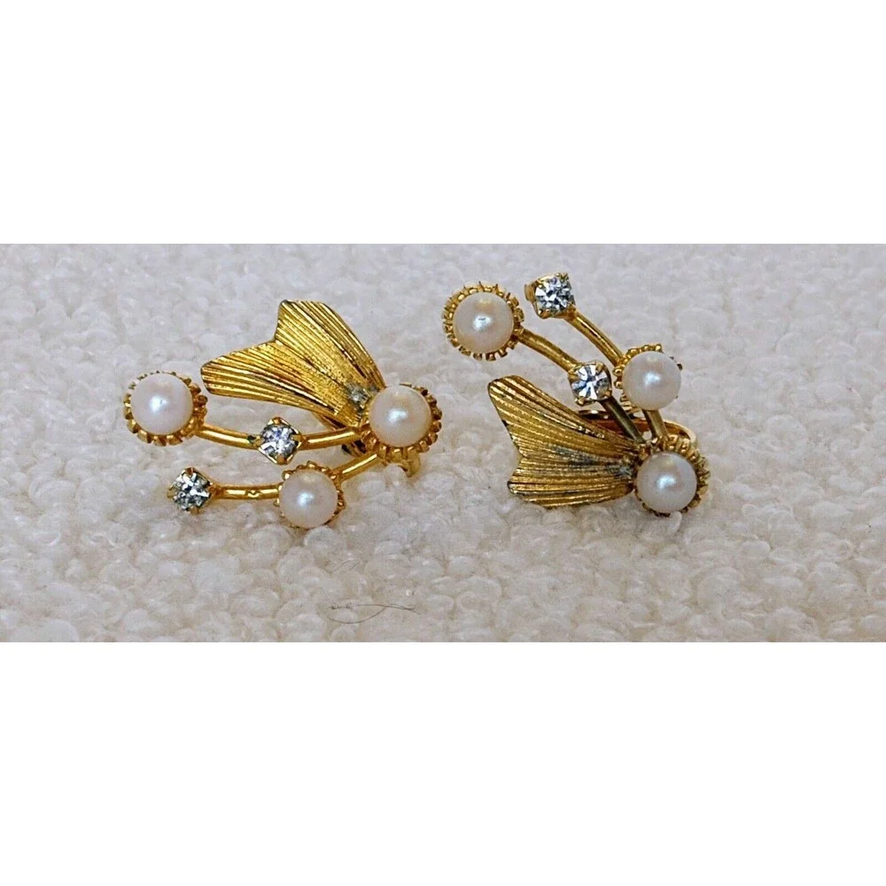 Vintage Art Nouveau Goldtone Rhinestone & Faux Pearl Climber Clip Earrings 1.1" - Picture 3 of 9